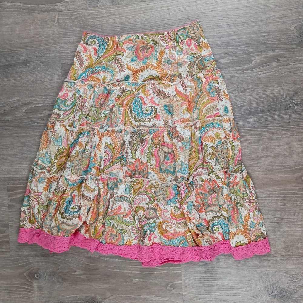 Xhilaration Boho Paisley Tiered Skirt XL Juniors Elastic Waist Lace Trim Cottage